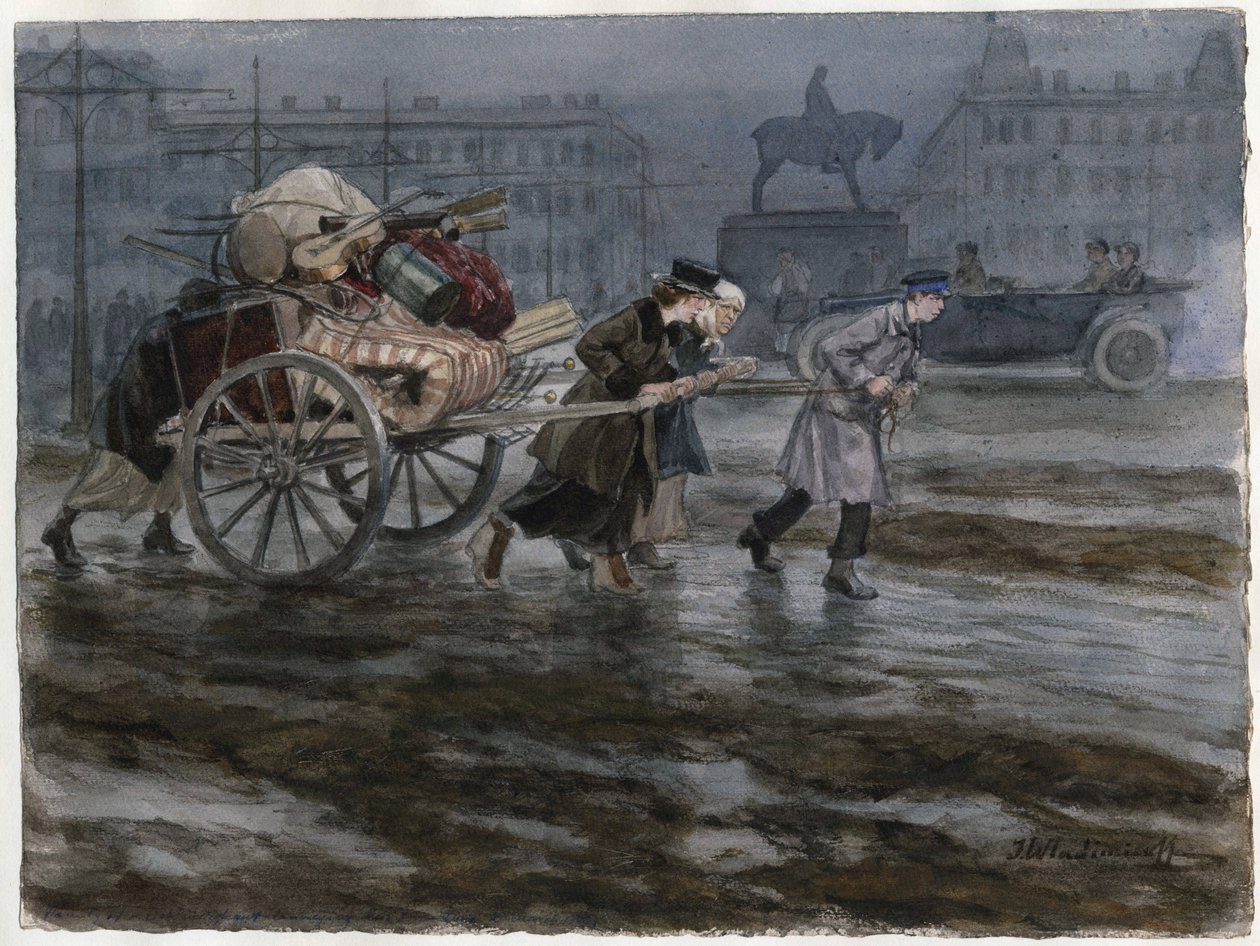 Famille demenageant ses affaires dans une charrette a bras - Familjen flyttar sina tillhörigheter på vagn (från serien av akvareller ryska revolutionen) - Vladimirov, Ivan Aleksijevitj (1869-1947) - 1917-1918 - Akvarell på papper - 25,9x34,3 - Private Coll av Ivan Alexeyevich Vladimirov