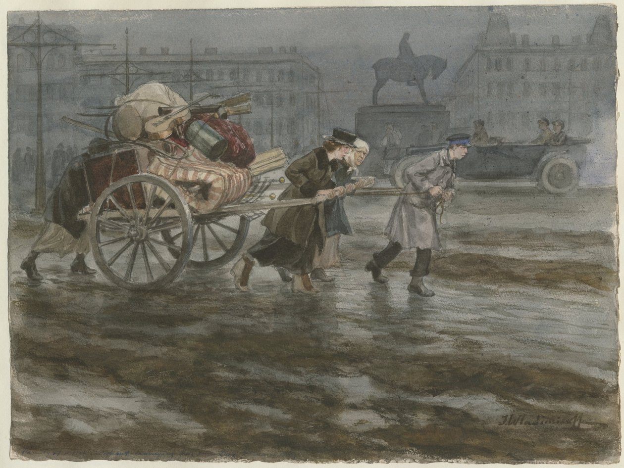 Familj flyttar sina tillhörigheter på vagn från serien av akvareller ryska revolutionen, 1917-1918 av Ivan Alexeyevich Vladimirov