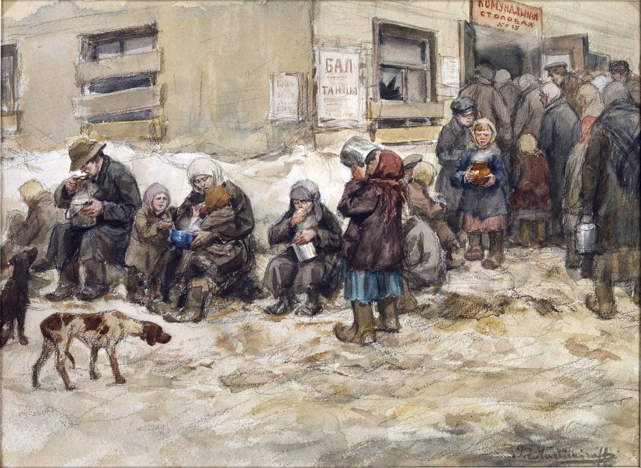 Hungriga år i Petrograd. En ""Gemensam matsal."" av Vladimirov, Ivan Alexeyevich (1869-1947). Akvarell, Gouache på papper. Privat samling av Ivan Alexeyevich Vladimirov