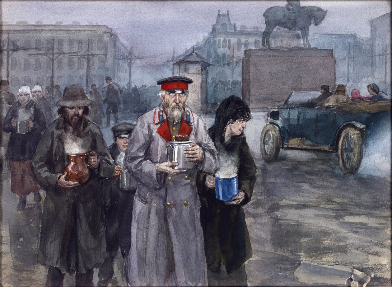 Hungriga år i Petrograd. Tillbaka från ett gemensamt soppkök av Vladimirov, Ivan Alexeyevich (1869-1947). Akvarell, Gouache på papper av Ivan Alexeyevich Vladimirov