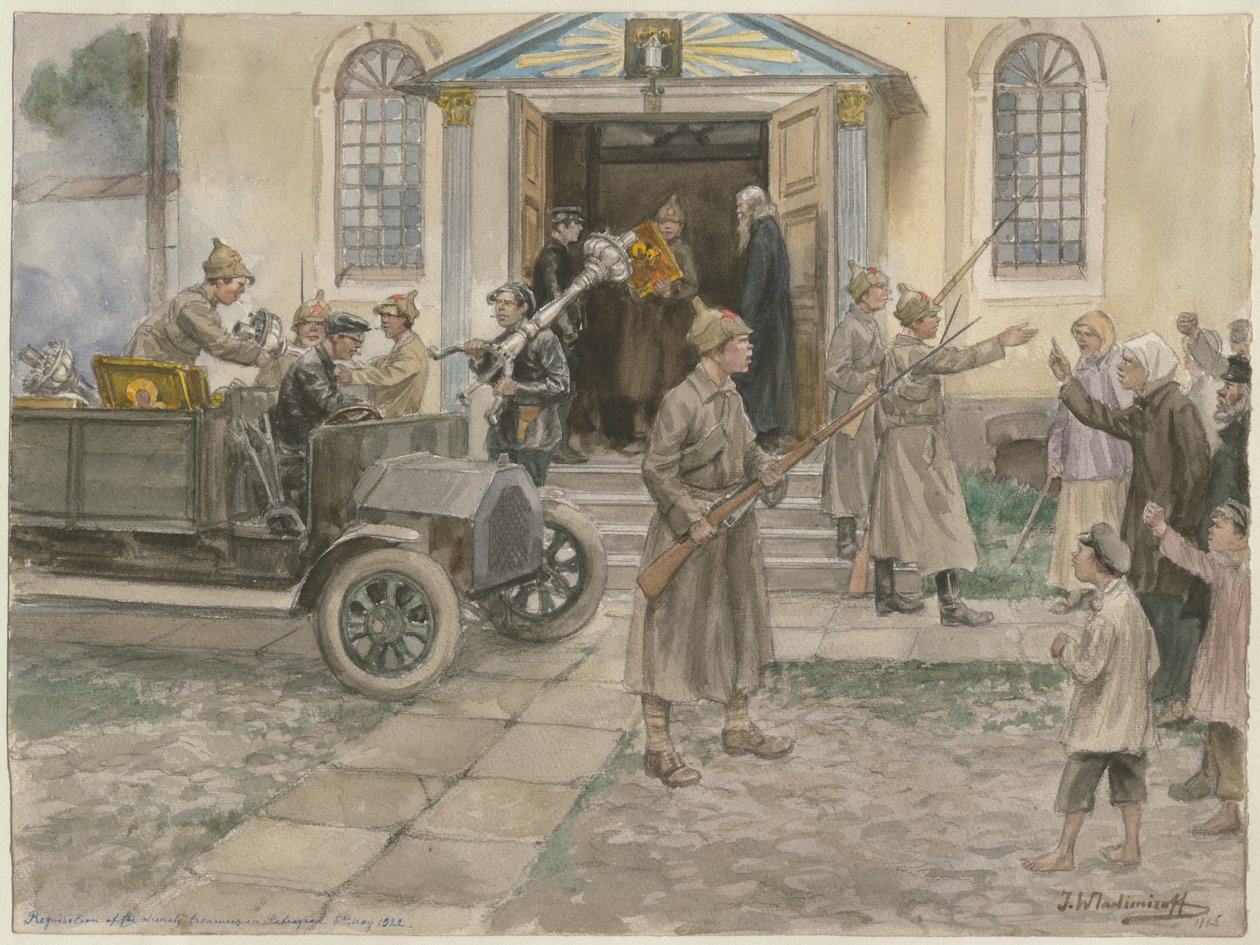Rekvisition av kyrkoskatterna i Petrograd 5 maj 1922 från serien av akvareller Ryssland av Ivan Alexeyevich Vladimirov