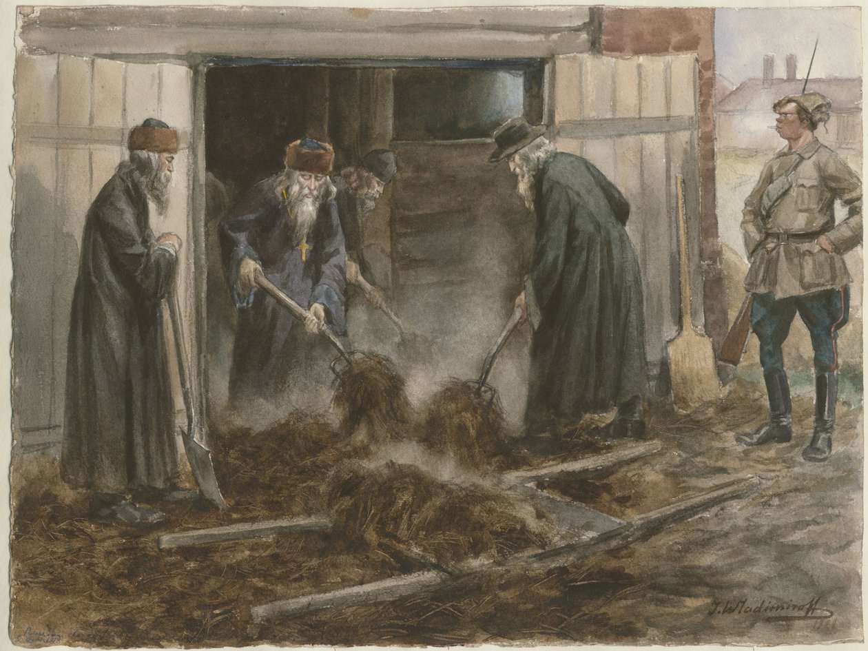 Ryska präster skottar hö: september 1918 från serien av akvareller Ryska revolutionen, 19 av Ivan Alexeyevich Vladimirov