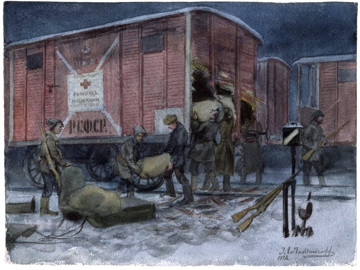 Soldats pillant un wagon de chemin de fer - Soldater som plundrar en järnvägsvagn (ur serien av akvareller ryska revolutionen) - Vladimirov, Ivan Aleksijevitj (1869-1947) - 1922 - Akvarell på papper - 25,8x34,1 - Privat samling av Ivan Alexeyevich Vladimirov
