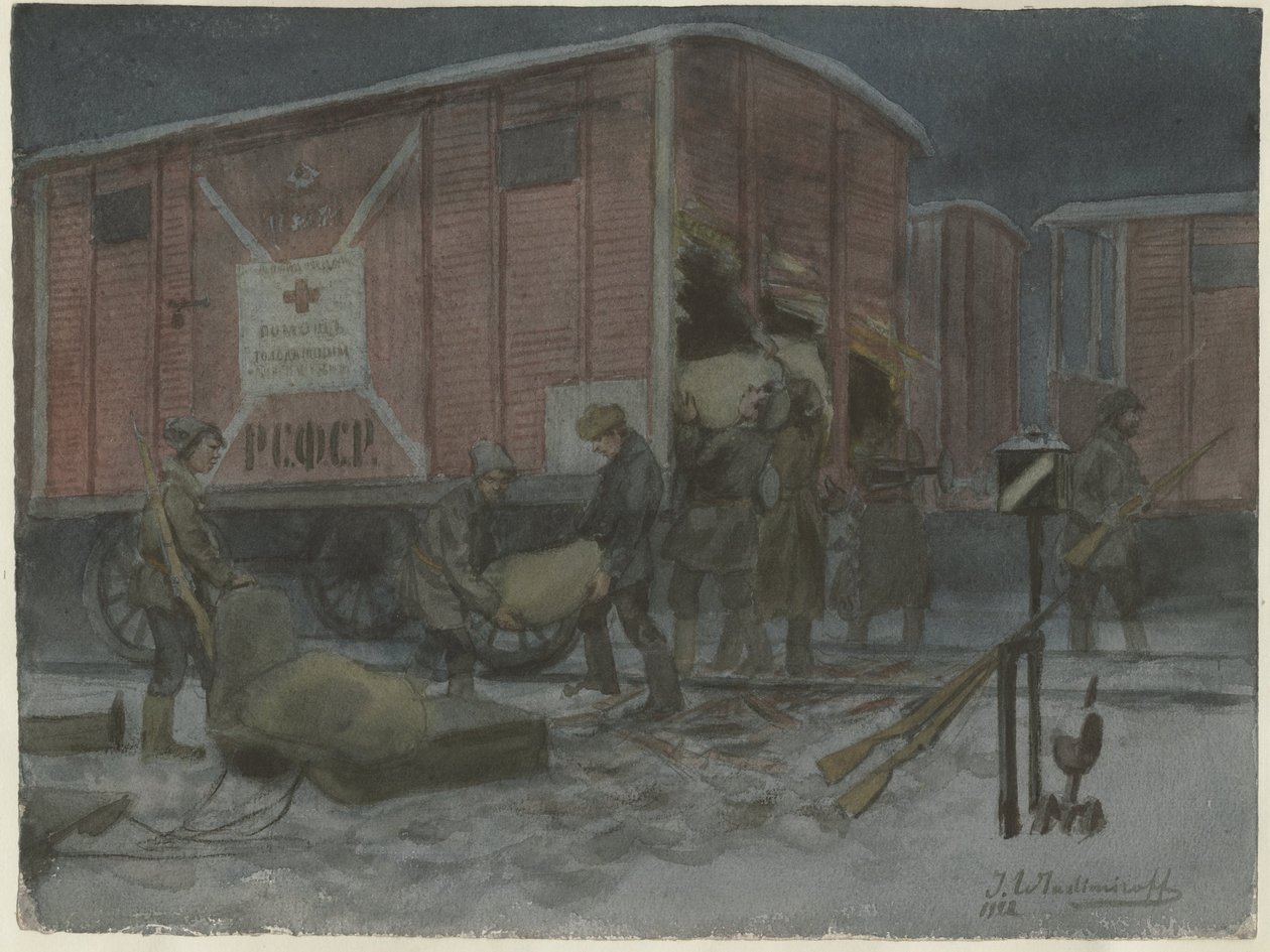 Soldater som plundrar en järnvägsvagn från serien av akvareller ryska revolutionen, 1922 av Ivan Alexeyevich Vladimirov