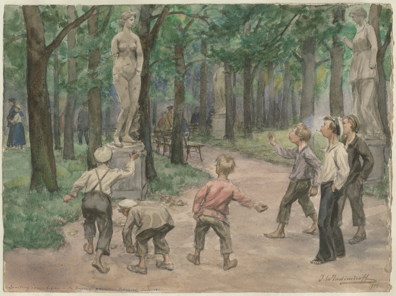 Idrottstävling i Imperial Gardens: Petrograd, juli 1921 från serien av akvareller R av Ivan Alexeyevich Vladimirov