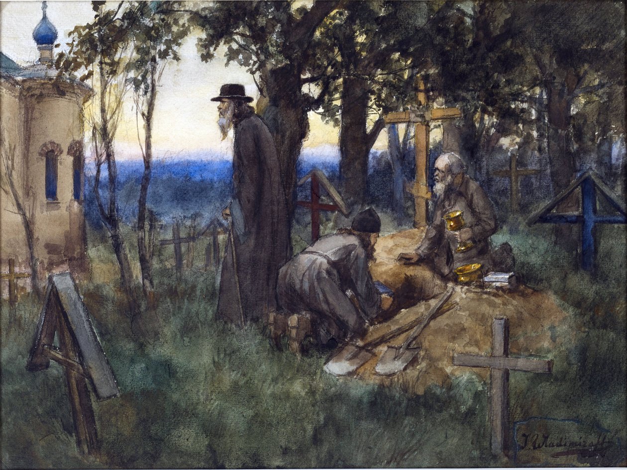 Prästerna gömmer kyrkliga skatter i en ny grav på en kyrkogård av Vladimirov, Ivan Aleksijevitj (1869-1947). Akvarell, Gouache på papper av Ivan Alexeyevich Vladimirov