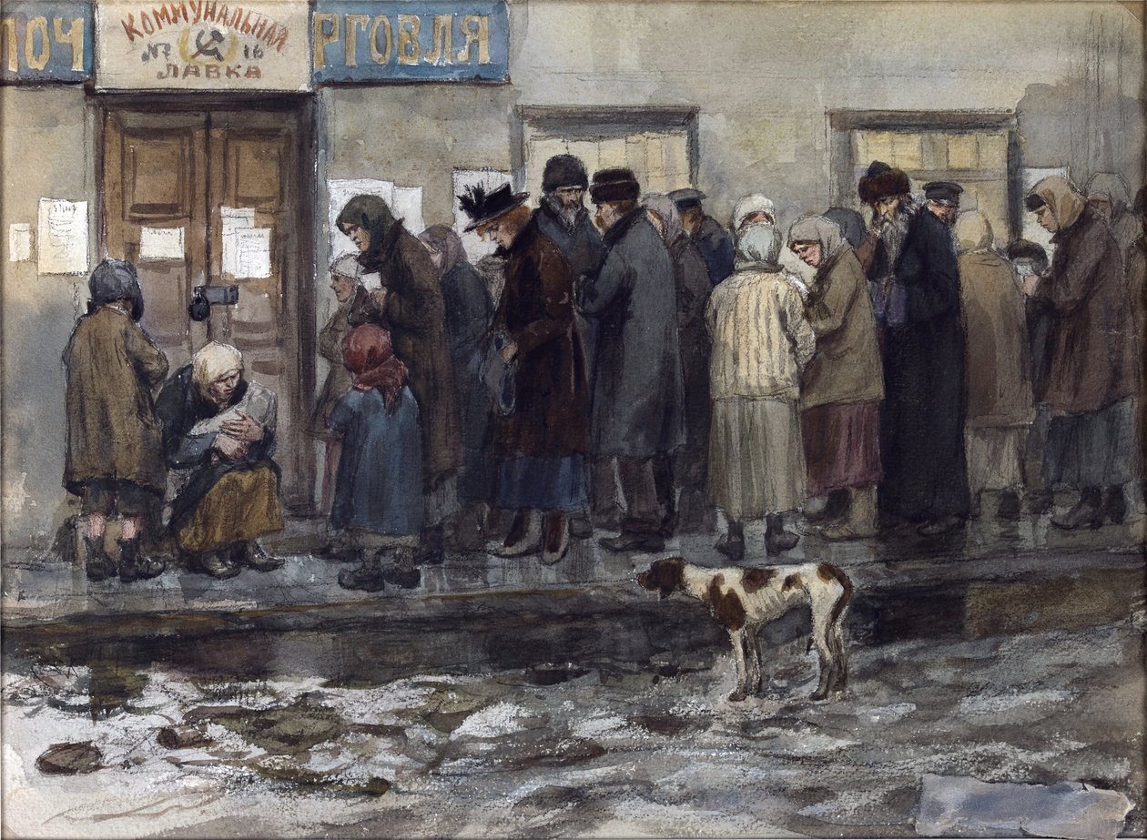 Väntar på att få en åttondel av ett pund bröd av Vladimirov, Ivan Alexeyevich (1869-1947). Akvarell, Gouache på papper av Ivan Alexeyevich Vladimirov
