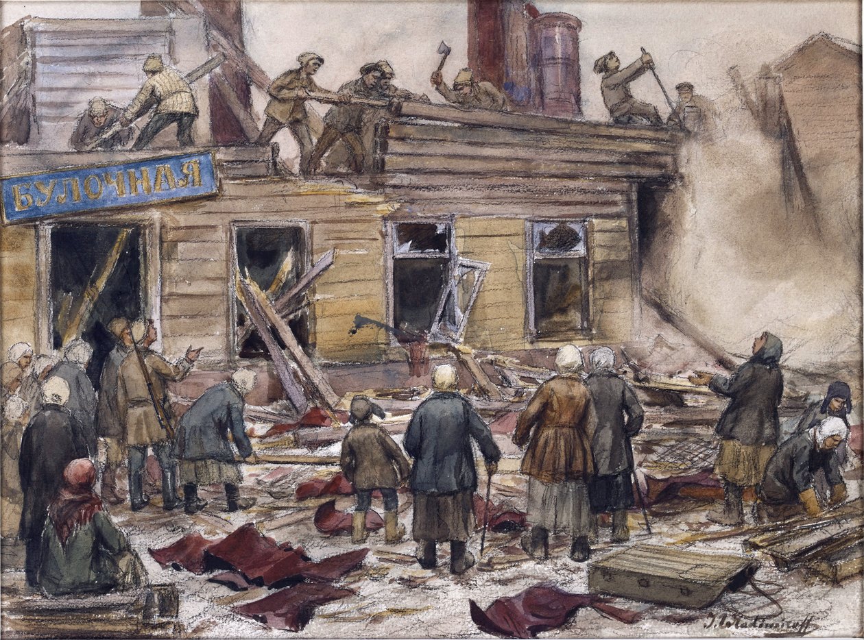 Arbetare som river trähus för bränsle av Vladimirov, Ivan Alexeyevich (1869-1947). Akvarell, Gouache på papper av Ivan Alexeyevich Vladimirov