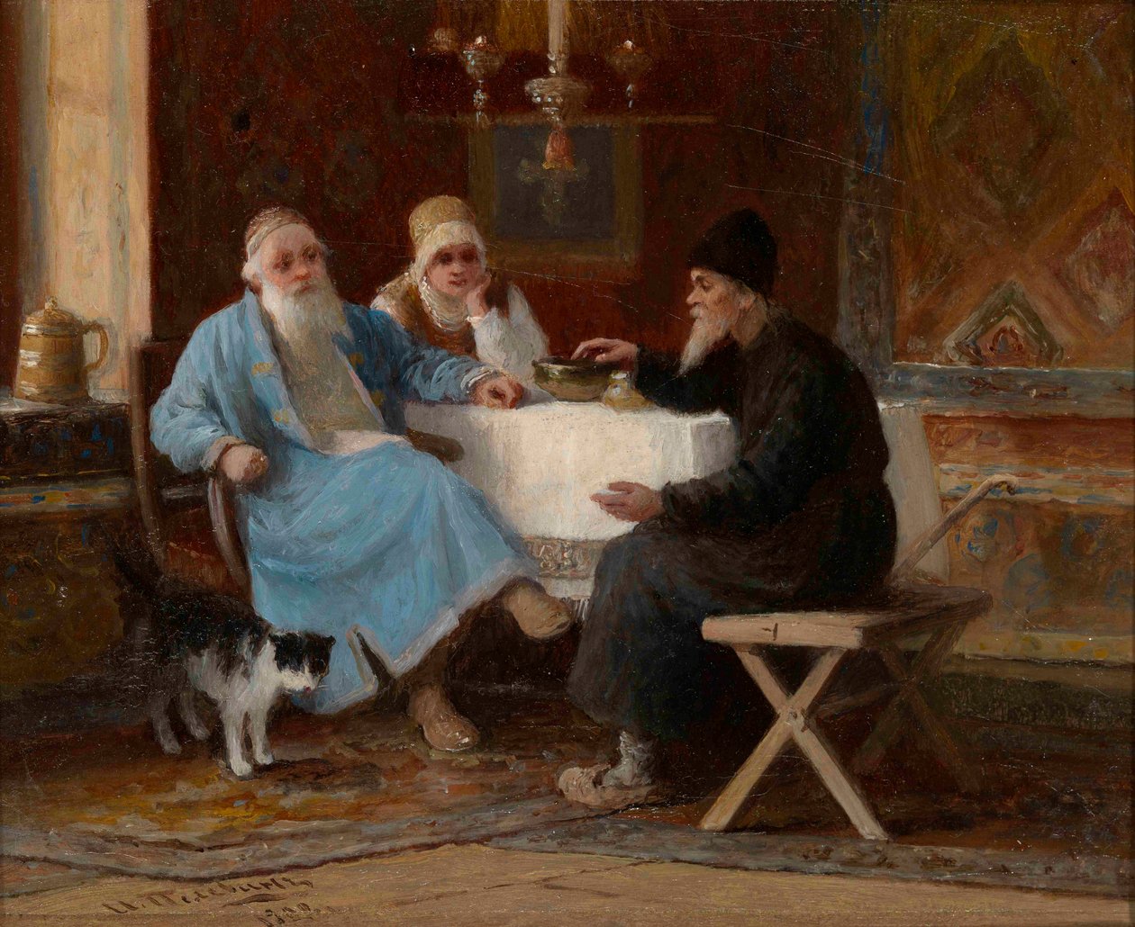 ""Konversation"" Tre figurer vid ett bord - Målning av Ivan Andreyevich Pelevin (1840-1917) 1909 Dim 15x20 cm Privat samling av Ivan Andreevich Pelevin