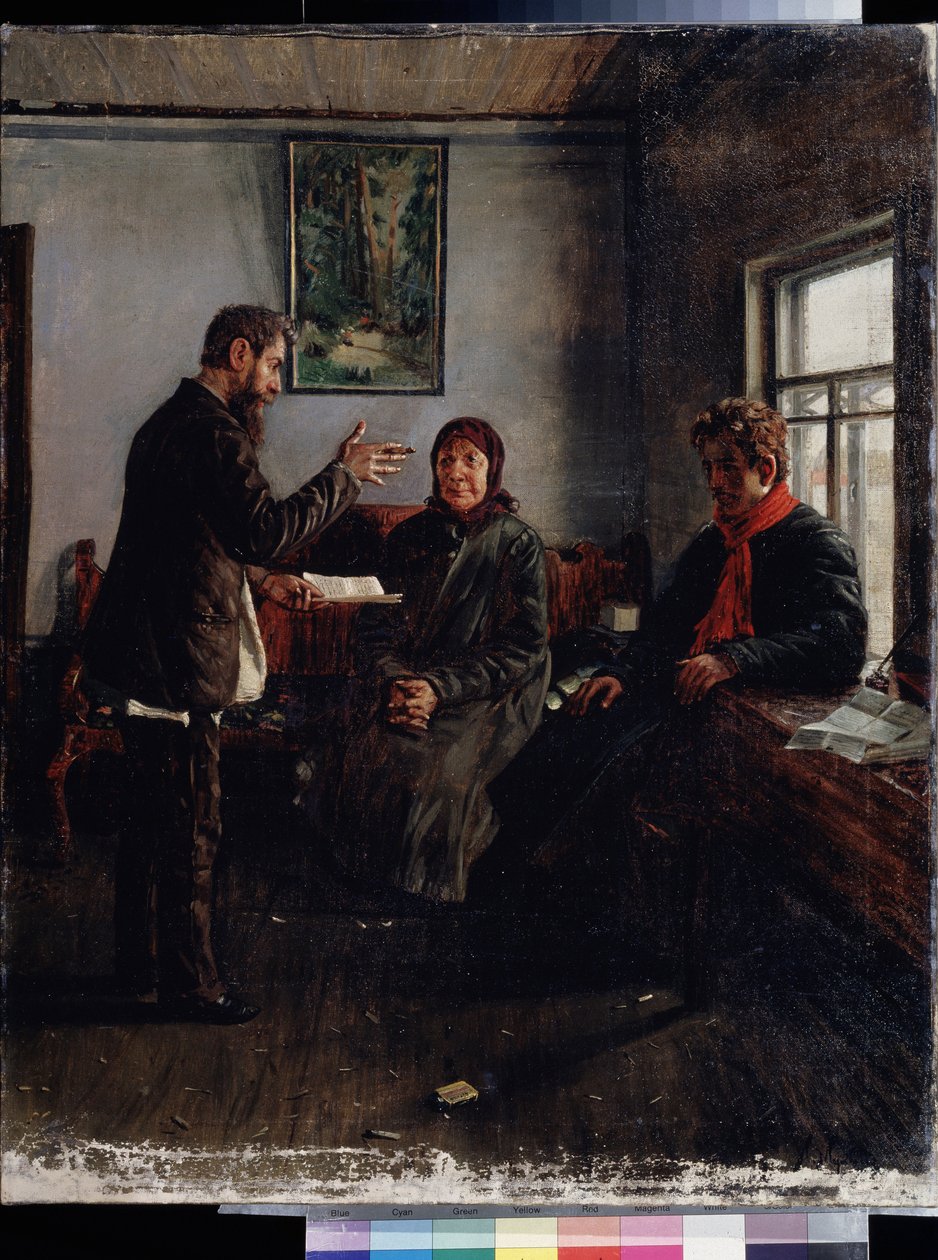 På advokatens kontor. Målning av Ivan Anisimovich Mukhin (1876-1944), olja på duk, rysk konst från 1800-talet. State Regional I. Pozhalostin Art Museum, Ryazan (Ryssland) av Ivan Anisimovich Mukhin