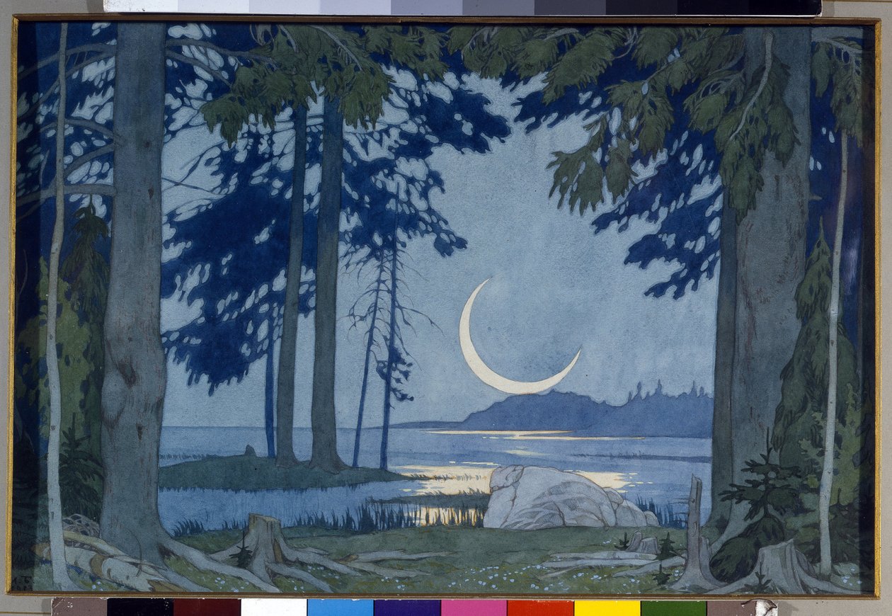 Månsken över sjön Ilmen. Utspelad för operan Sadko av Nicholas (Nikolai) Rimsky Korsakov (Rimsky-Korsakov) (1844-1908) (Natt vid sjön Ilmen. Scenografi för operan Sadko av N. Rimsky-Korsakov (Rimsky Korsakov). Verk av Ivan Yakolevich Bilibi av Ivan Yakovlevich Bilibin