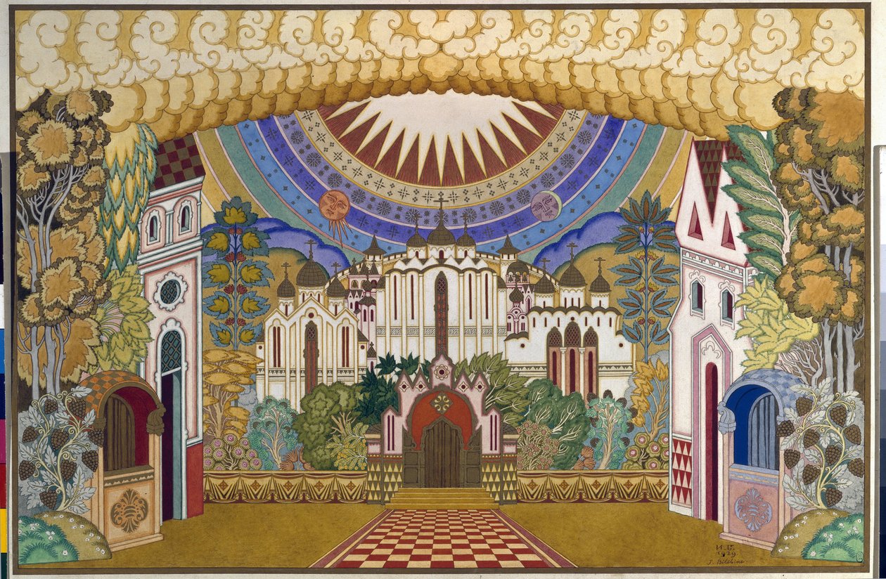 Landskap för operan ""Legenden om den osynliga staden Kitege and the Maiden Fevronia"" (Legenden om den osynliga staden Kitege och Jungfru Fevronia), av Nicholas (Nikolai) Rimsky Korsakov (Rimsky-Korsakov) (1844- 1908). Konstverk av Ivan Yakovle av Ivan Yakovlevich Bilibin