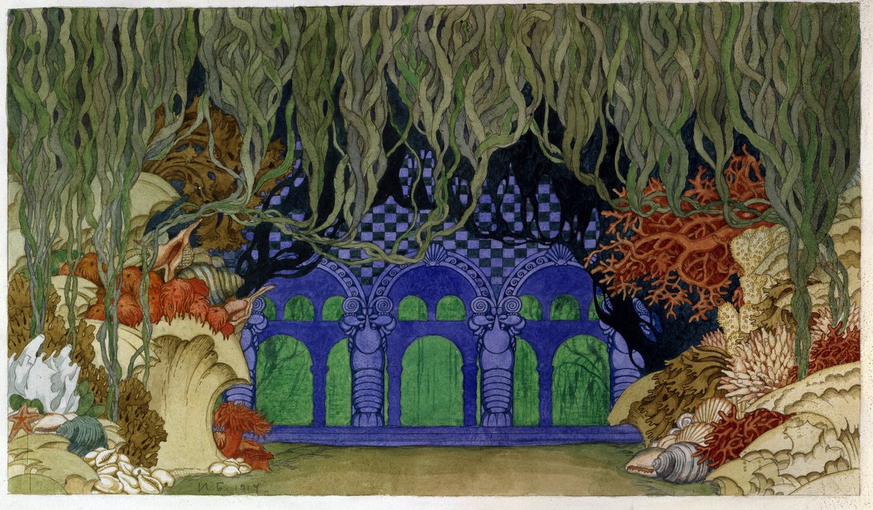 Förberedande uppsättning för operan Sadko av Nicholas (Nikolai) Rimsky Korsakov (Rimsky-Korsakov) (1844-1908). (Scenografi för operan Sadko av N. Rimsky Korsakov (Rimsky-Korsakov). Verk av Ivan Yakovlevich Bilibin (Bilibine) (1876-1942), akvarell och gå av Ivan Yakovlevich Bilibin