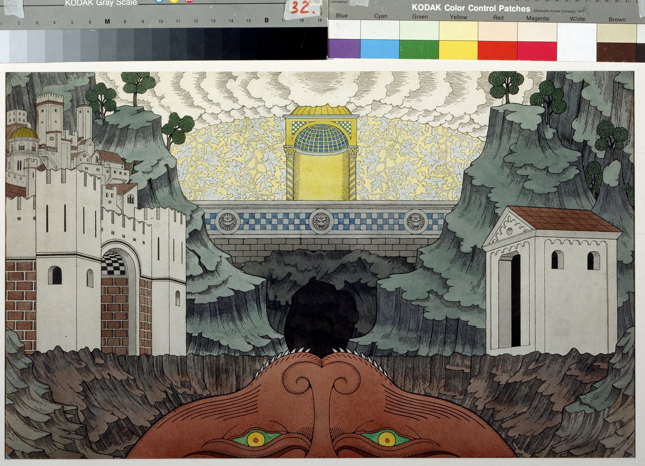 Förberedande ritning till pjäsen ""Le miracle de Theophile"" av Rutebeuf (1230-1285) (Scenografi för pjäsen Le Miracle de Theophile av Rutebeuf). Målning av Ivan Yakolevich Bilibin (Bilibin) (1876-1942). Akvarell och tusch på papper, 39,5 x 64 cm av Ivan Yakovlevich Bilibin