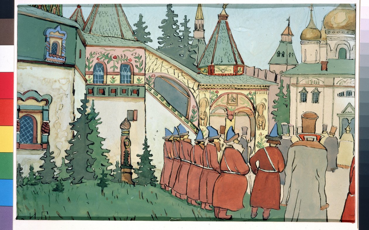 Förberedande teckning till teaterpjäsen Falken Finist inspirerad av den ryska berättelsen ""Fjädern av Finist den stolta falken"" (Scenografi för teaterpjäsen Falken Finist). Målning av Ivan Yakolevich Bilibin (Bilibin) (1876-1942). Akvarell, gouach av Ivan Yakovlevich Bilibin