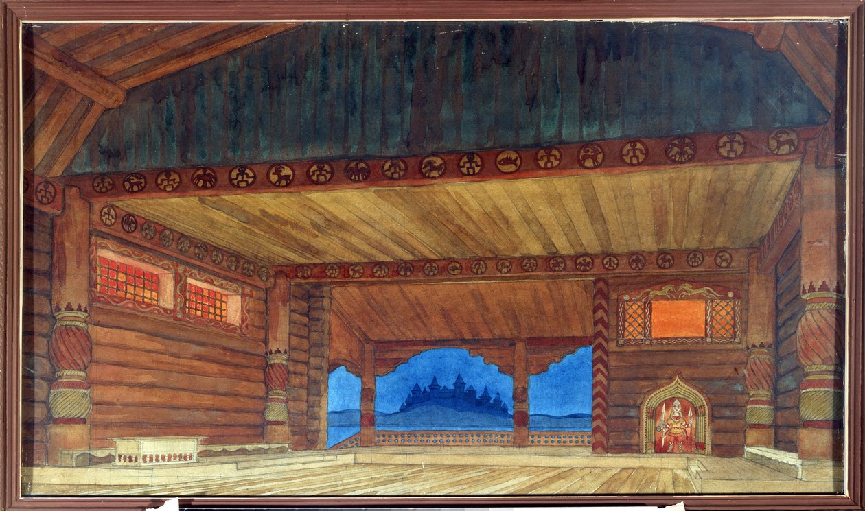 Förberedande ritning för dekoren av operan Ruslan och Ludmila av Mikhail Igor Glinka (1804-1857) (Scenografi för operan Ruslan och Ludmila av M.Glinka). Målning av Ivan Yakolevich Bilibin (Bilibin) (1876-1942). Akvarell på papper, 36 x 61 cm av Ivan Yakovlevich Bilibin