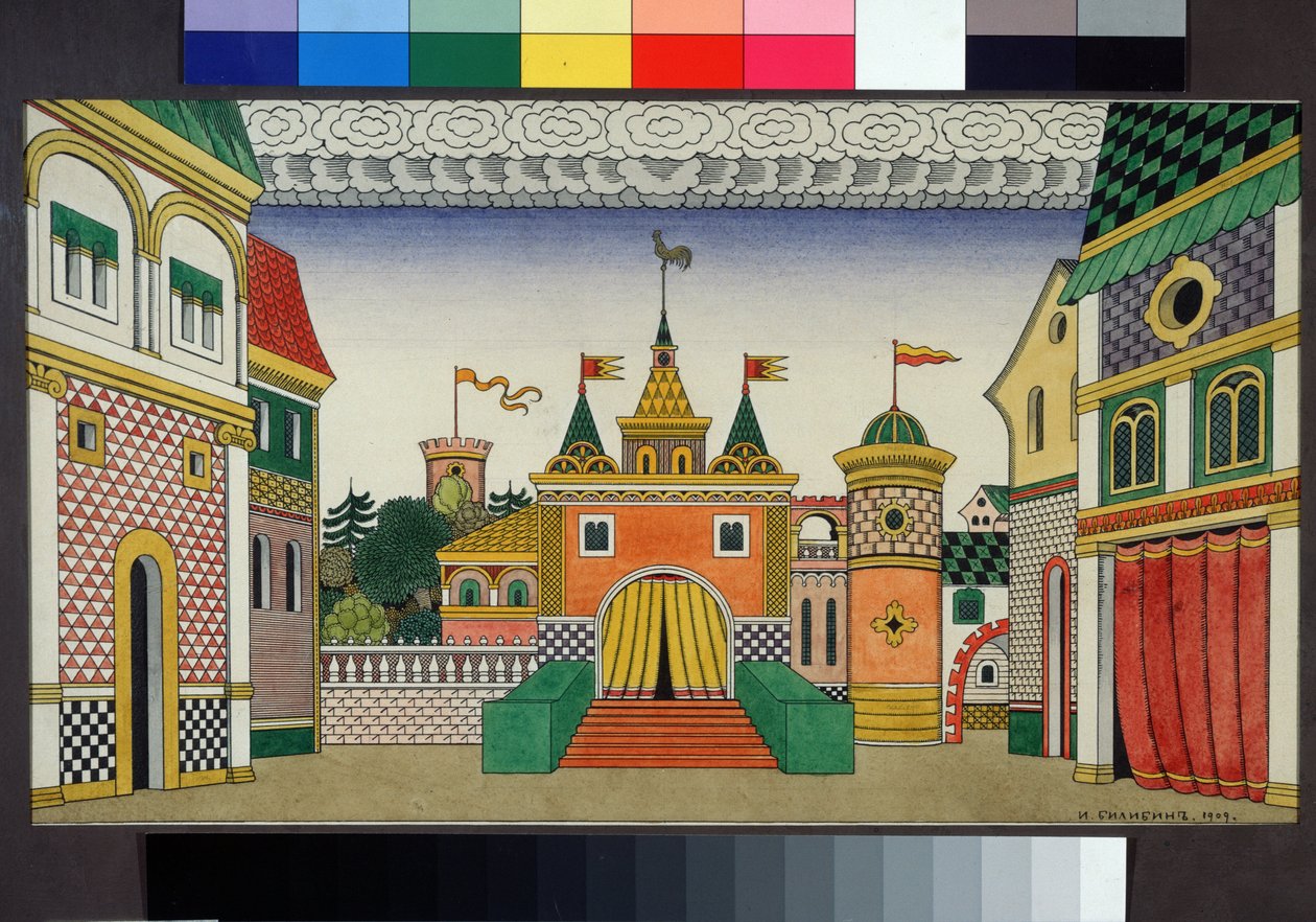 Förberedande teckning för uppsättningen av operan The Golden Cockerel av Nicholas (Nikolai) Rimsky Korsakov (Rimsky-Korsakov) (1844-1908) Målning av Ivan Yakolevich Bilibin (Bilibi) av Ivan Yakovlevich Bilibin