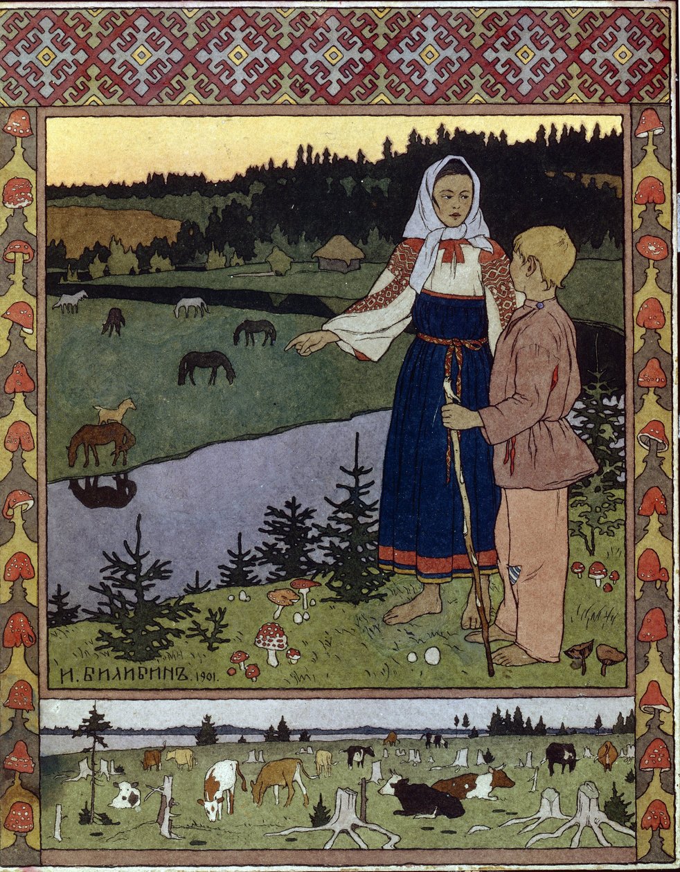 Illustration för den traditionella berättelsen Alyonouchka och Ivanouchka. Verk av Ivan Yakovlevich Bilibin (Bilibin) (1876-1942), litografi av Ivan Yakovlevich Bilibin