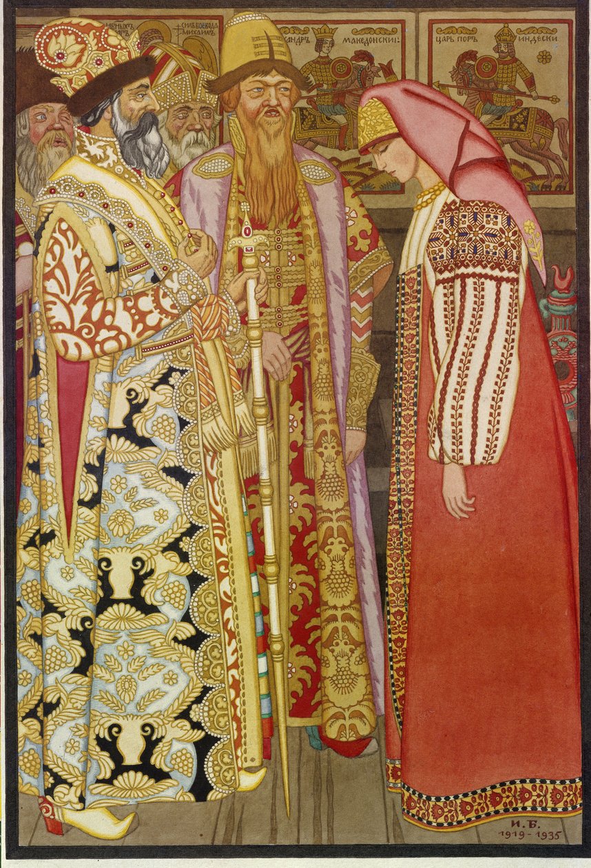Bågskyttens fru före tsaren och hans följe, illustration från den ryska berättelsen ""Gå jag vet inte vart, ta tillbaka jag vet inte vad"" (Bågskyttens fru före tsaren och hans följe) - Målning av Ivan Yakolevich Bilibin (Bilibin) (1876-1942) av Ivan Yakovlevich Bilibin