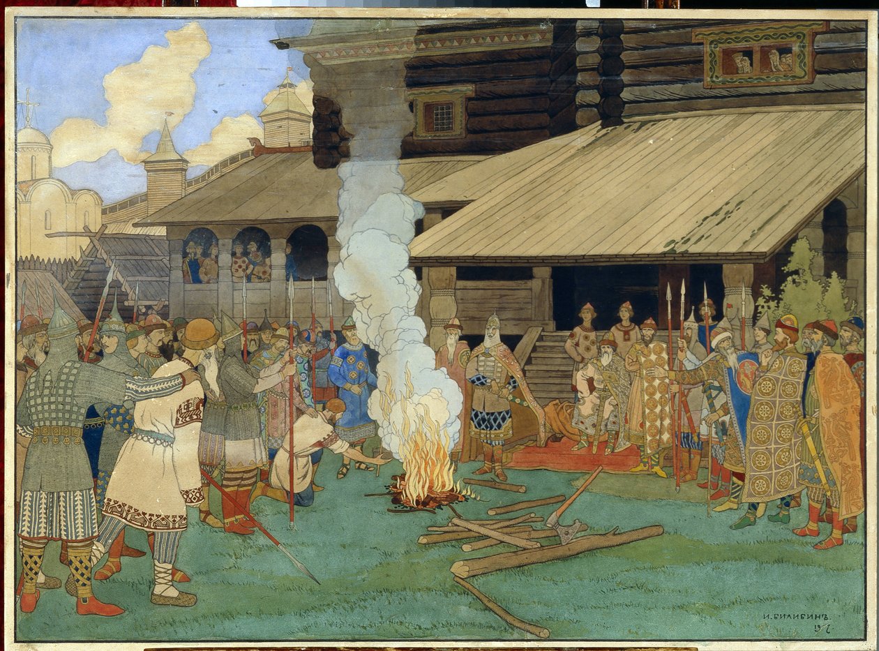 Rättvisa i Kievan Rus. På det offentliga torget, vid tiden för prins Jaroslav Vladimirovich, känd som den vise (978-1054), platsen för prövningar, Guds dom, knäböjer de anklagade av Ivan Yakovlevich Bilibin
