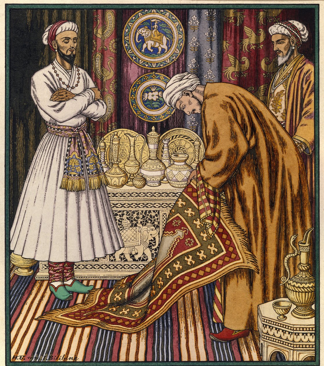 Prins Ali köper en magisk matta. Illustration för en arabisk berättelse. (Prins Ali köper en matta). Målning av Ivan Yakolevich Bilibin (Bilibin) (1876-1942). Akvarell på papper. Sankt Petersburg, Ryska statens museum. av Ivan Yakovlevich Bilibin