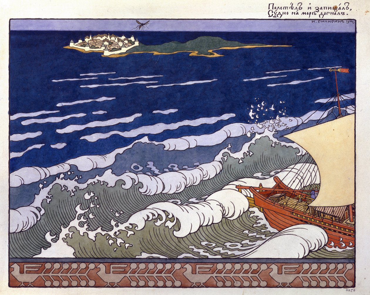 Båten går mot en ö, guidad av en humlors flygning. Illustration till ""Tale of Tsar Saltan"" av Alexander Pushkin (1799-1937). Verk av Ivan Yakovlevich Bilibin (Bilibin) (1876-1942), akvarell och gouache på papper av Ivan Yakovlevich Bilibin