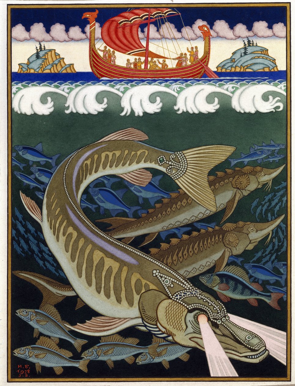 Havets imperium (Sea Empire). Rysk traditionell berättelse. Verk av Ivan Yakovlevich Bilibin (Bilibin) (1876-1942), akvarell och gouache på papper av Ivan Yakovlevich Bilibin