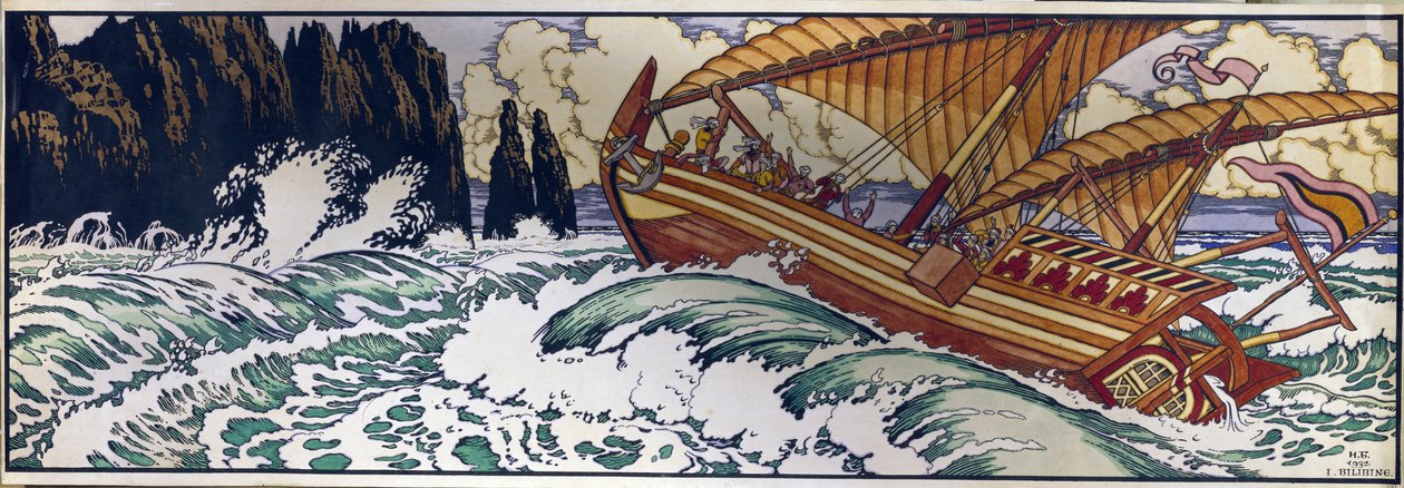 Sjömannen Sinbad. Illustration för den arabiska traditionella berättelsen om Tusen och en natt. Verk av Ivan Yakovlevich Bilibin (Bilibin) (1876-1942), akvarell på papper av Ivan Yakovlevich Bilibin