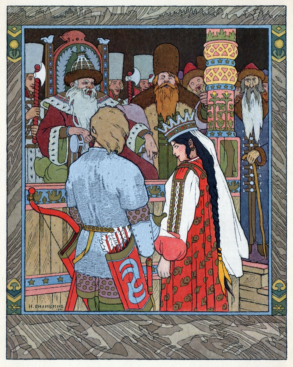 Tsarevitch Ivan, eldfågeln och den grå vargen, ca 1899 (litografi) av Ivan Yakovlevich Bilibin