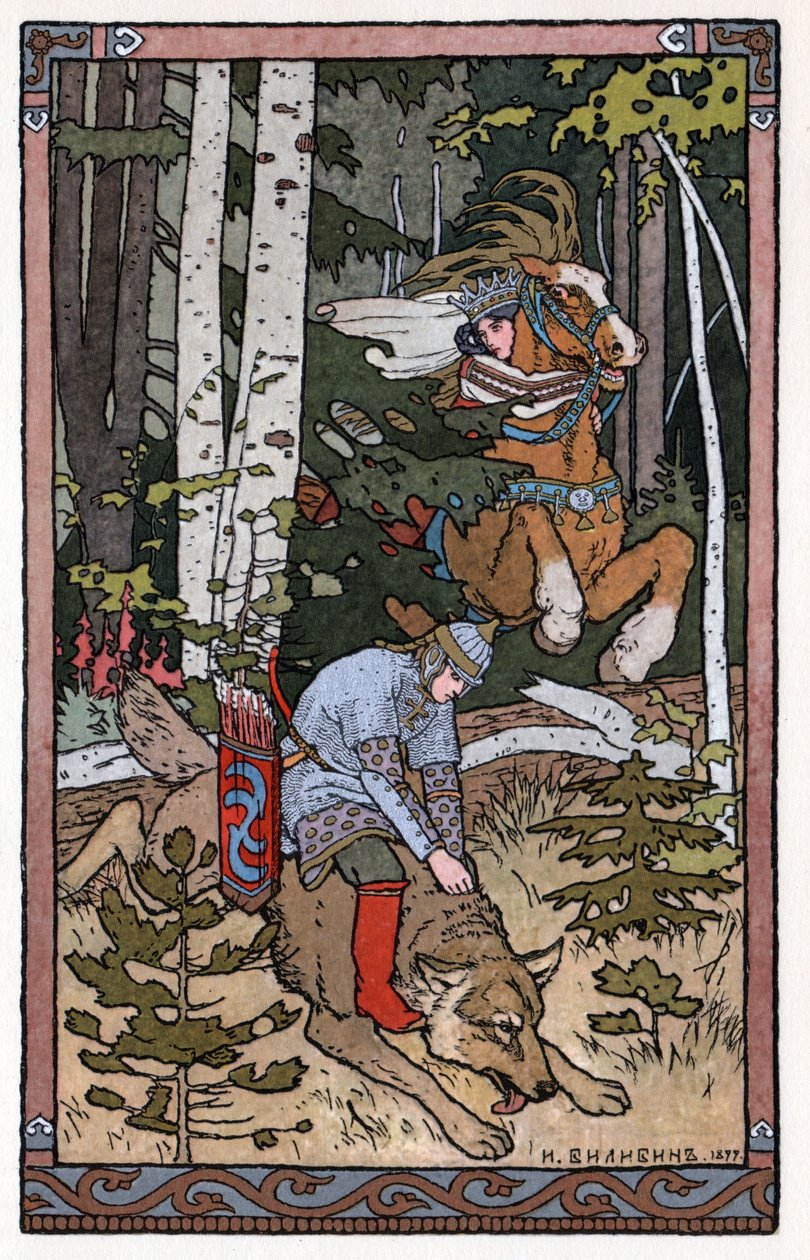 Tsarevitch Ivan, eldfågeln och den grå vargen, ca 1899 (litografi) av Ivan Yakovlevich Bilibin