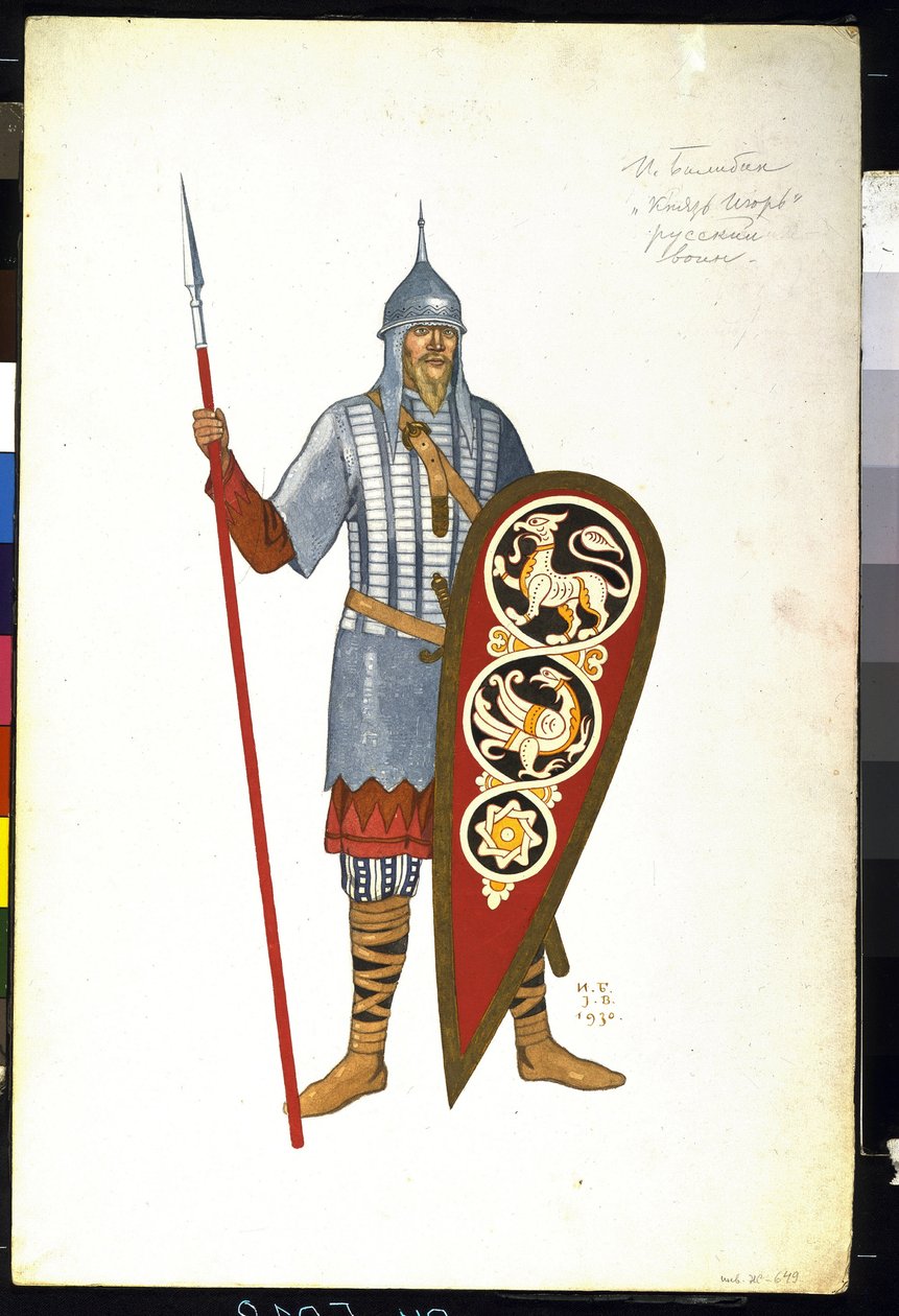 En rysk krigare på 1100-talet. Kostym för operan ""Prince Igor"" av Alexander Borodin (1833-1887) (rysk krigare. Kostymdesign för operan Prince Igor av A. Borodin). Målning av Ivan Yakolevich Bilibin (Bilibin) (1876-1942) av Ivan Yakovlevich Bilibin