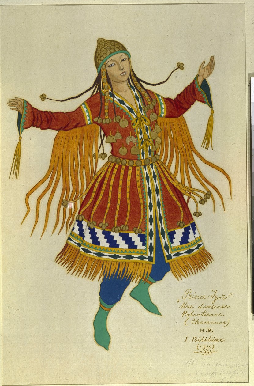 En polovtsisk (eller Couman, Kuman) shamandansare. Kostym för operan ""Prince Igor"" av Alexandre Borodin (Borodin) (1833-1887). Verk av Ivan Yakovlevich Bilibin (Bilibin) (1876-1942), akvarell på papper av Ivan Yakovlevich Bilibin