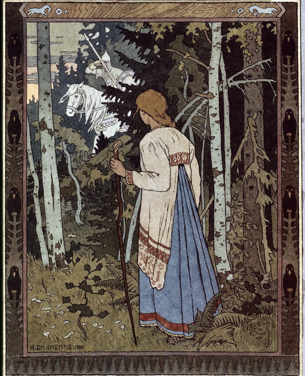 Vassilisa den vackraste och den vita ryttaren. (Vasilisa den vackra och den vita ryttaren). (Traditionell rysk saga). Verk av Ivan Yakovlevich Bilibin (Bilibin) (1876-1942), litografi av Ivan Yakovlevich Bilibin
