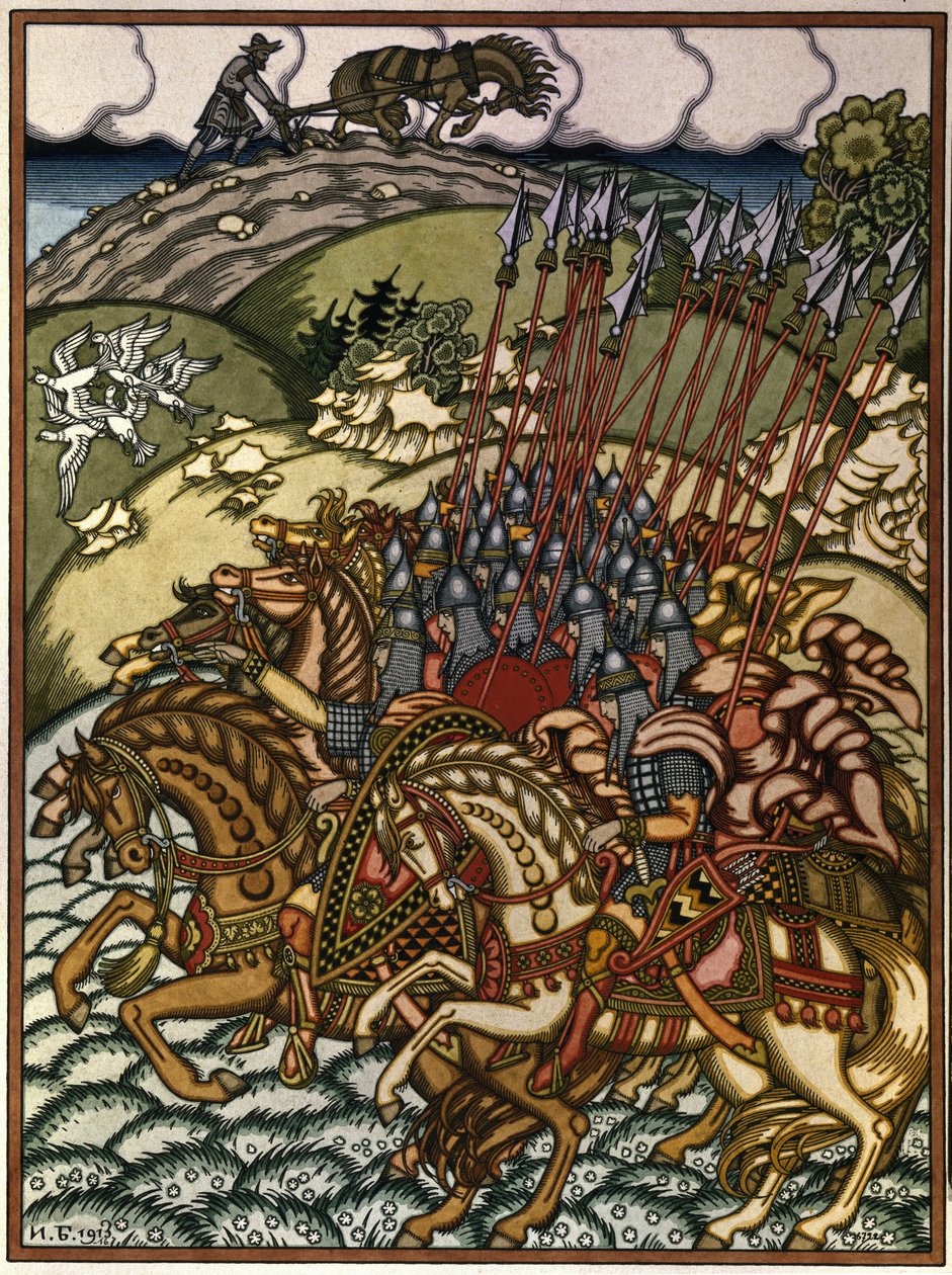 Volga Sviatoslavich (Vseslav de Polotsk (vers 1039-1101), storprins de Kiev de 1068 a 1069) och Mikula Selyaninovich (?). Oeuvre av Ivan Yakovlevich Bilibin (Bilibin) (1876-1942), litografi av Ivan Yakovlevich Bilibin