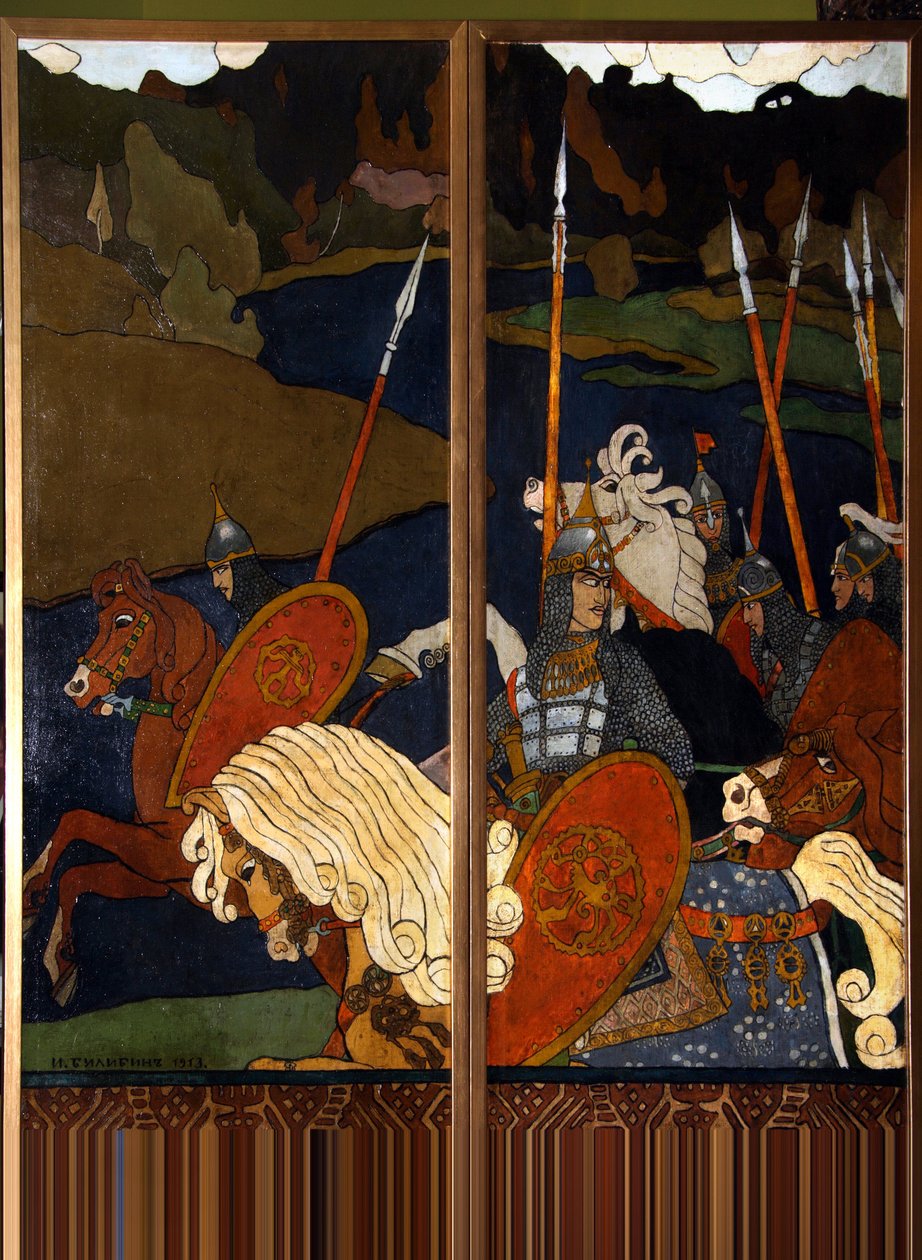Volga Svjatoslavitch och hans armé. (Rysslands legendariska hjälte, Vladimir I Sviatoslavitch (958-1015), prins av Kiev, känd som den stora eller röda solen). Målning av Ivan Yakovlevich Bilibin (Bilibin) (1876-1942), olja på duk av Ivan Yakovlevich Bilibin