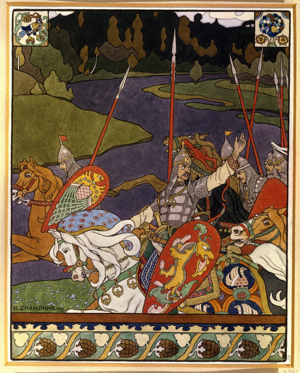 Volga Svyatoslavich och hans armé. (Volga Svyatoslavich och hans armé). Illustration för mytiska epos inspirerade av nordrysk folklore. Verk av Ivan Yakovlevich Bilibin (Bilibin) (1876-1942), litografi av Ivan Yakovlevich Bilibin