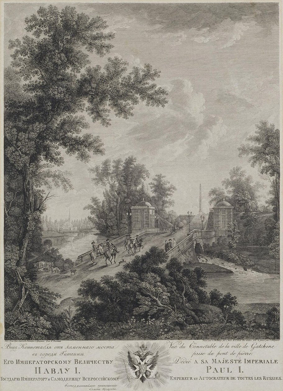 Utsikt över Connetable Square från stenbron i Gatchina, 1800 av Ivan Dmitryevich Telegin