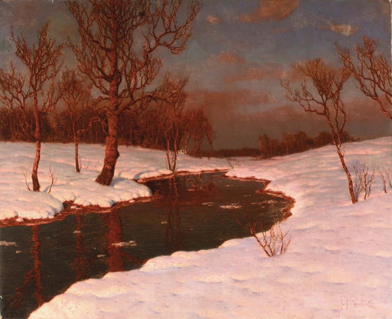 Solnedgång på ett snöigt flodlandskap av Ivan Fedorovich Choultse