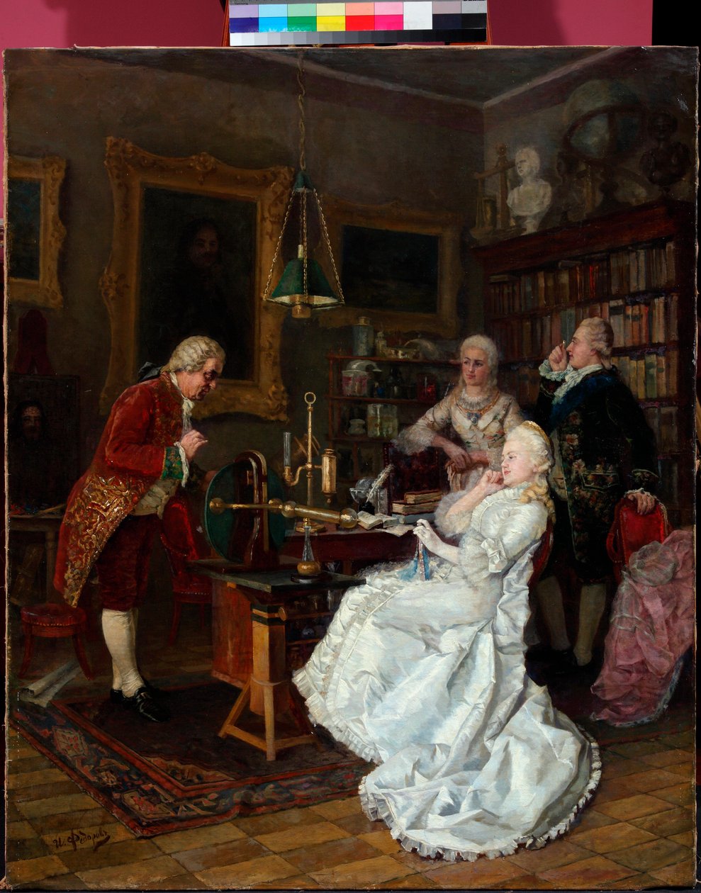 Kejsarinna Katarina II av Ryssland (1729-1796) på besök hos Mikhail Lomonosov (1711-1765) (kejsarinna Katarina på besök hos M.Lomonosov) Målning av Ivan Fiodorov (Feodorov) (1853-1894) av Ivan Feodorov