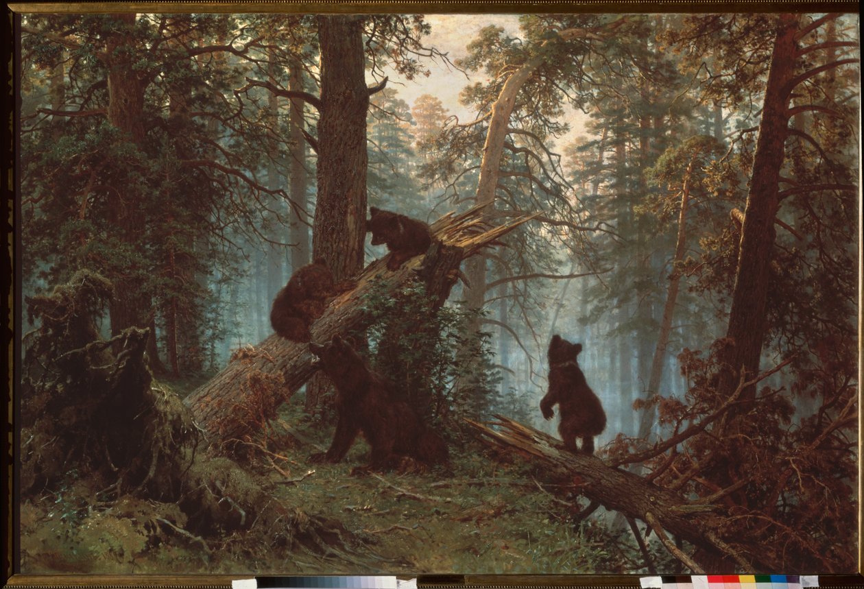 Morgon i en tallskog (Tre björnungar klättrar i ett fallna träd, under sin mammas blick) - Morgon i en tallskog - Målning av Ivan Ivanovich Shishkin (Shishkin) (1832-1898), olja på duk av Ivan Ivanovich Shishkin