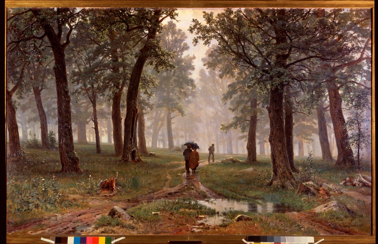 Regn i en ekskog - Målning av Ivan Ivanovich Shishkin (Shishkin) (1832-1898), olja på duk av Ivan Ivanovich Shishkin