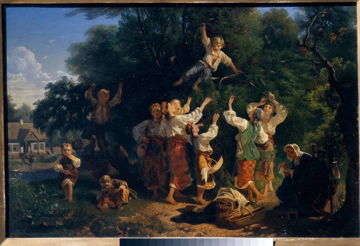 Plocka körsbär i en ägares fruktträdgård i Ukraina. Målning av Ivan Ivanovich Sokolov (1823-1918), olja på duk av Ivan Ivanovich Sokolov