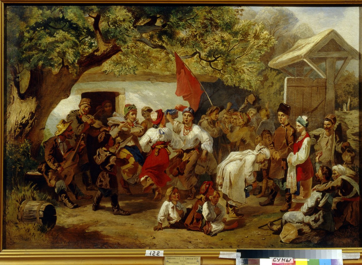 Bröllopsmåltiden. (Bröllopsfesten). Målning av Ivan Ivanovich Sokolov (1823-1918), olja på duk av Ivan Ivanovich Sokolov