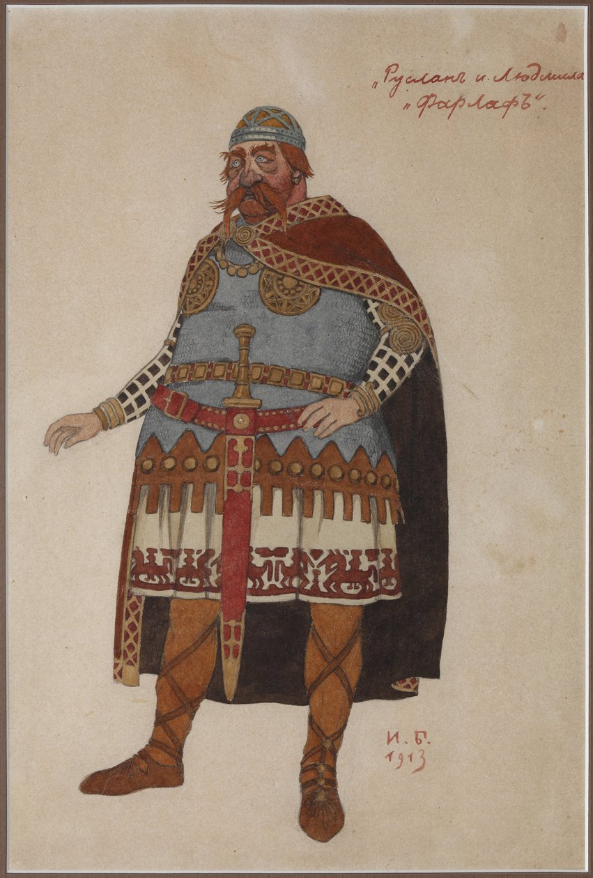 Kostymdesign för operan Ruslan och Lyudmila av M. Glinka par Bilibin, Ivan Yakovlevich (1876-1942). Akvarell på kartong av Ivan Yakovlevich Bilibin