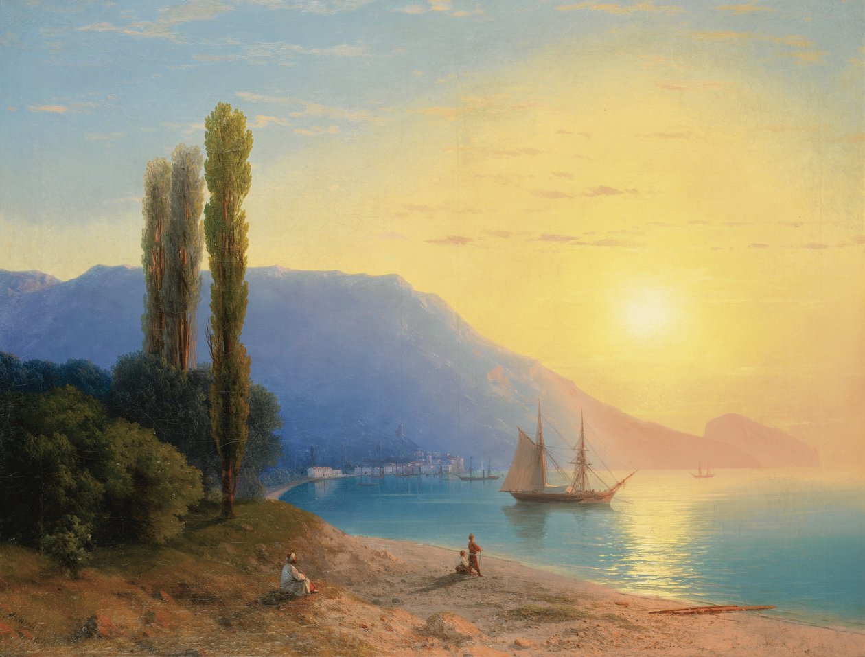 ""Solnedgång över Jalta på Krim"" (Solnedgång över Jalta) Målning av Ivan Constantinovich Aivazowski (Aivazovsky 1817-1900) 1861 - Olja på duk Dim 67x89 cm Privat samling av Ivan Konstantinovich Aivazovsky