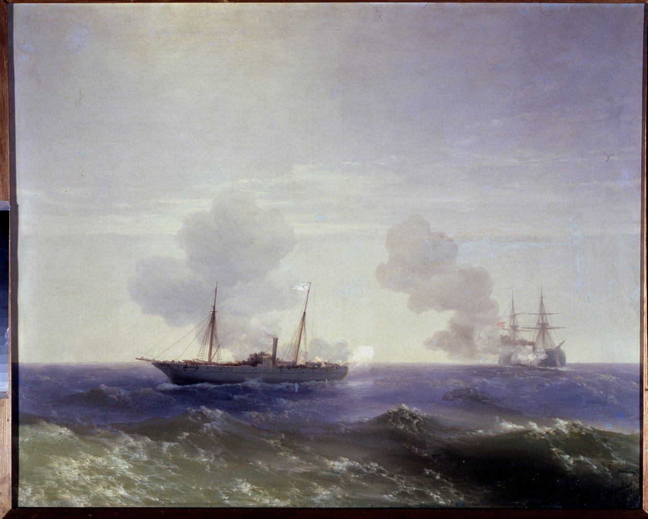 Rysk-turkiska (ryska-turkiska) kriget 1877-1878: Sjöstriden mellan den ryska kryssaren Vesta och den järnklädda Fethi Bulend i Svarta havet, 11 juli 1877 (Sjöstriden mellan den ryska kryssaren Vesta och den järnklädda Fethi Bulend gjorde av Ivan Konstantinovich Aivazovsky