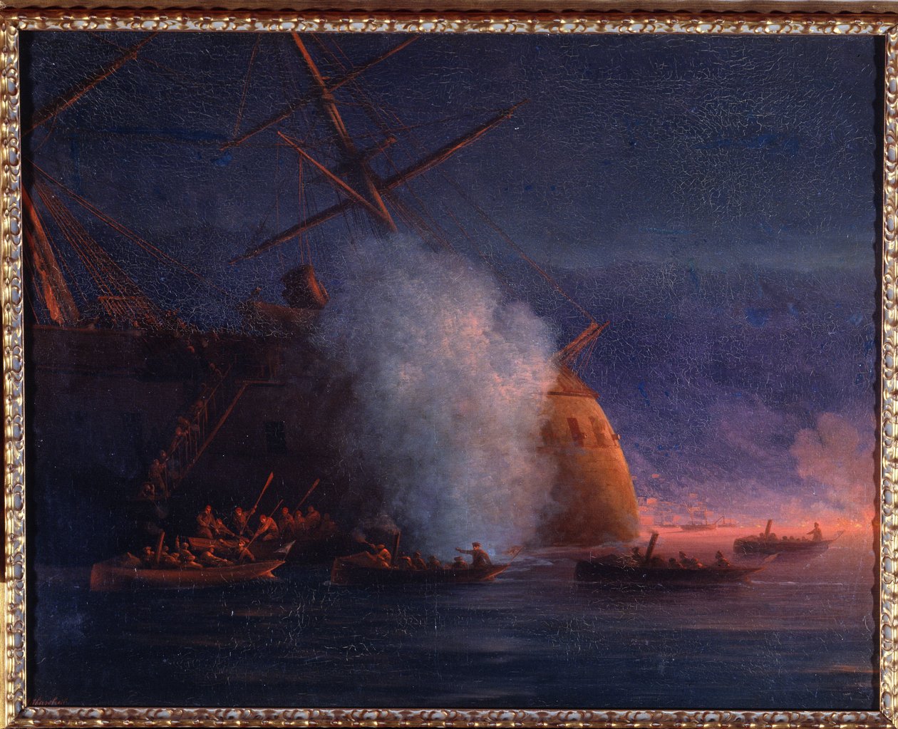Rysk-turkiska (ryska-turkiska) kriget 1877-1878: attacken av ryska segelbåtar på det turkiska ångslagskeppet Assari Shevket, vid Svarta havet, 12 augusti 1877 (Attack av de ryska kutterarna på det turkiska ångslagskeppet Assari Shevket i Svarta havet den 1 av Ivan Konstantinovich Aivazovsky