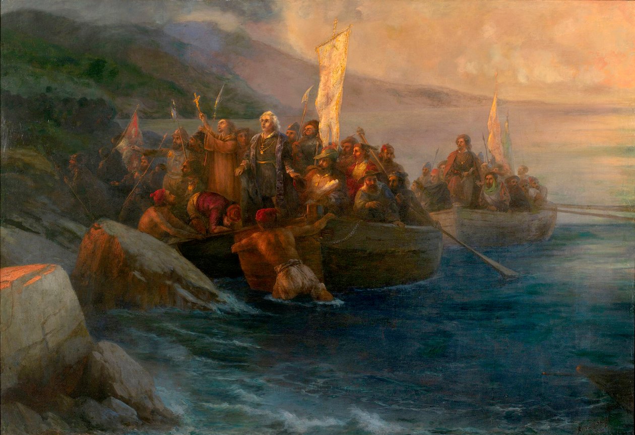 ""Ankomsten av upptäcktsresanden Christopher Columbus (1451-1506) till Amerika av Ivan Konstantinovich Aivazovsky