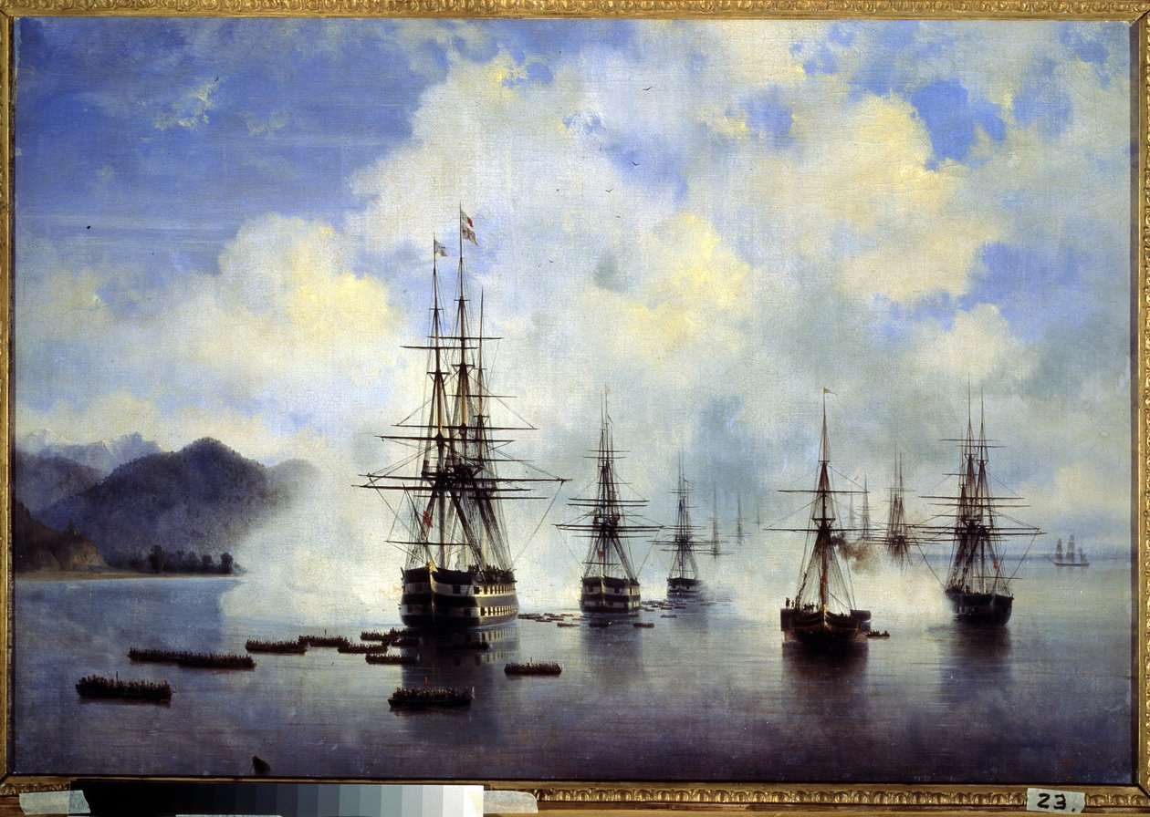 Landningen av general Nikolai Nikolaievitch Raievsky, i Subashi (Ukraina), i juli Avsnitt av erövringen av Kaukasus. Målning av Ivan Konstantinovich Aivazovsky (Ivan Konstantin av Ivan Konstantinovich Aivazovsky