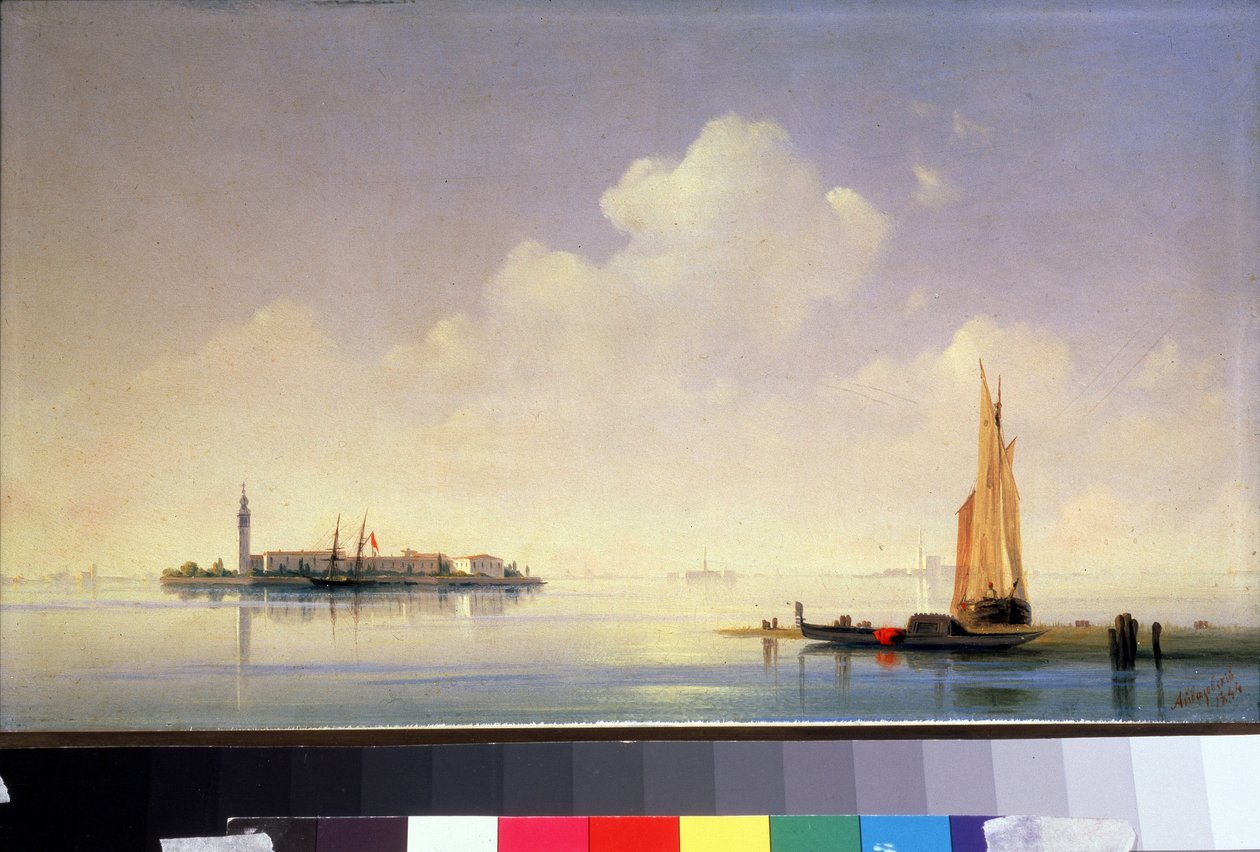 Den venetianska lagunen, utsikt över ön San Giorgio Maggiore (Saint-Georges-Majeur, Saint Georges Major) (Den venetianska lagunen, utsikt över San Giorgio Maggiore). Målning av Ivan Konstantinovich Aivazovsky (Ivan Konstantinovitch Aivazovsky av Ivan Konstantinovich Aivazovsky